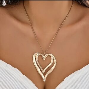 Gold Tone Large Abstract Heart Pendant  Long  Necklace